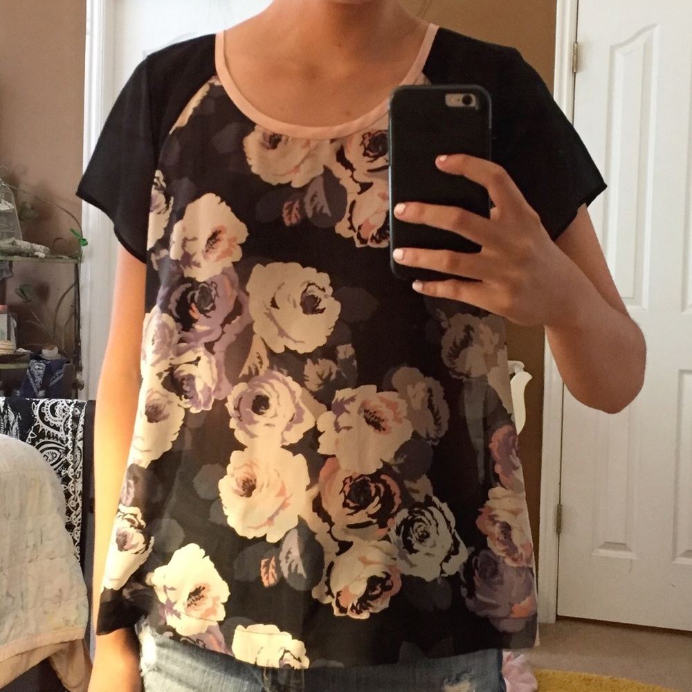 Black Chiffon Tee with Pink & Purple Floral Print